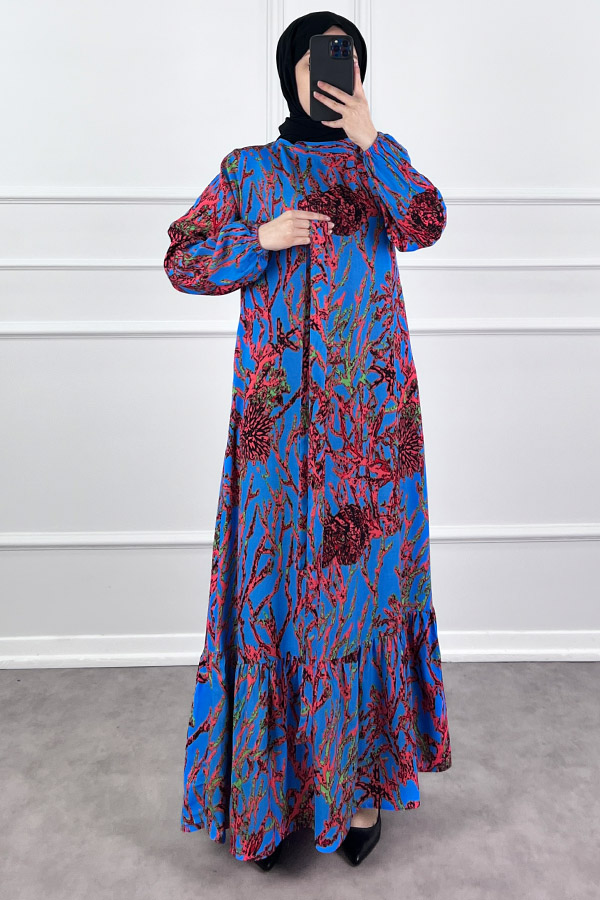 Hat Desenli Elbise - Mavi