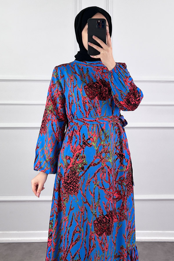 Hat Desenli Elbise - Mavi