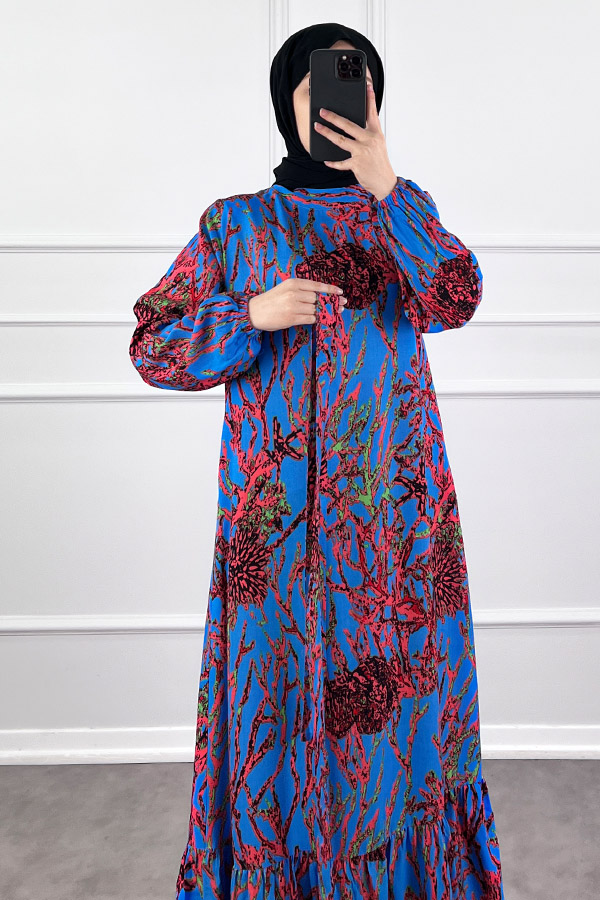 Hat Desenli Elbise - Mavi