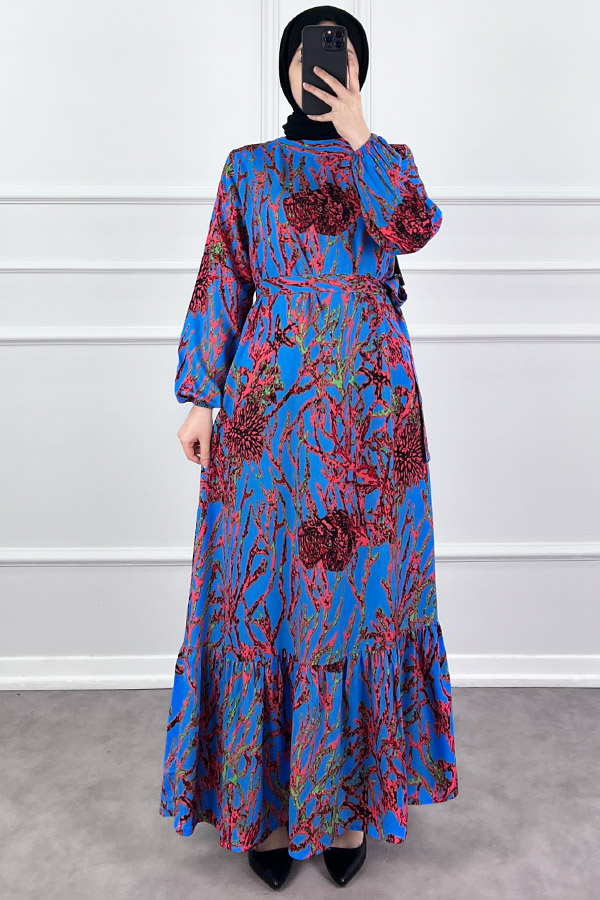 Hat Desenli Elbise - Mavi