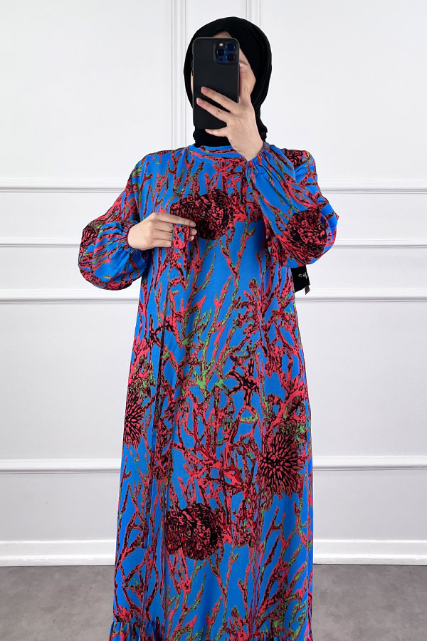 Hat Desenli Elbise - Mavi