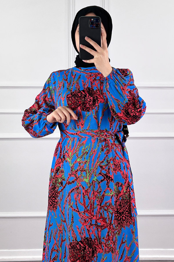 Hat Desenli Elbise - Mavi