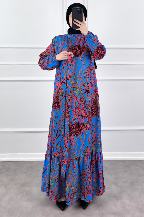 Hat Desenli Elbise - Mavi