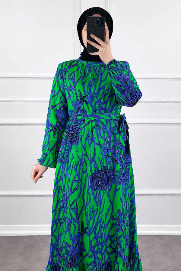 Hat Desenli Elbise - Yeşil