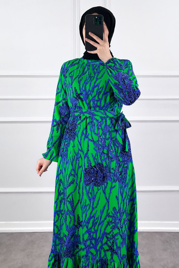 Hat Desenli Elbise - Yeşil