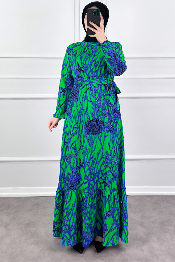 Hat Desenli Elbise - Yeşil