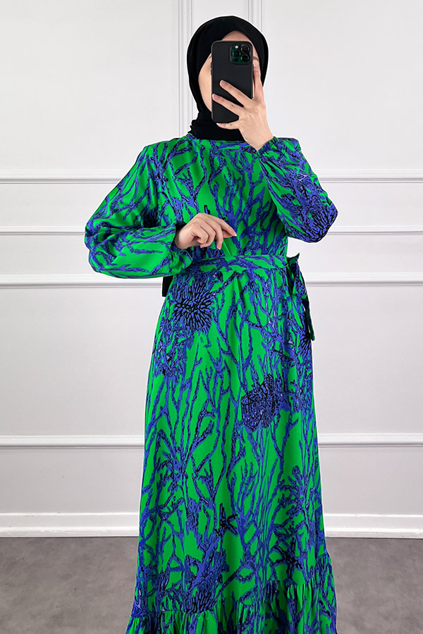 Hat Desenli Elbise - Yeşil