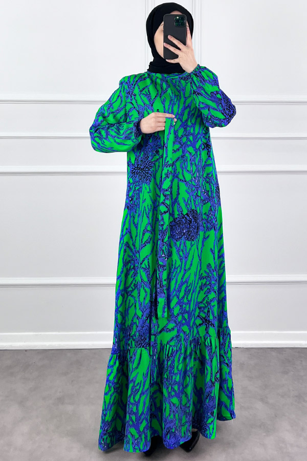 Hat Desenli Elbise - Yeşil