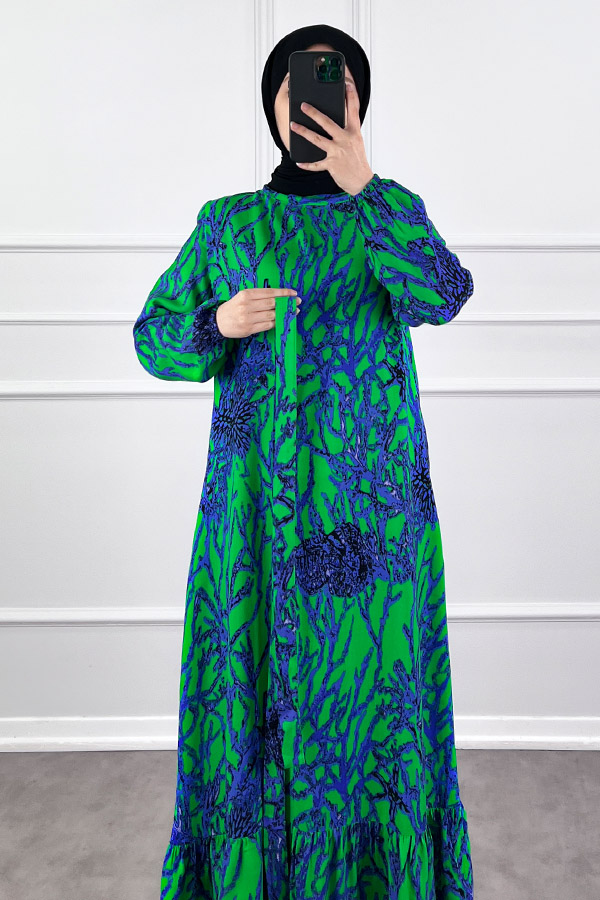 Hat Desenli Elbise - Yeşil