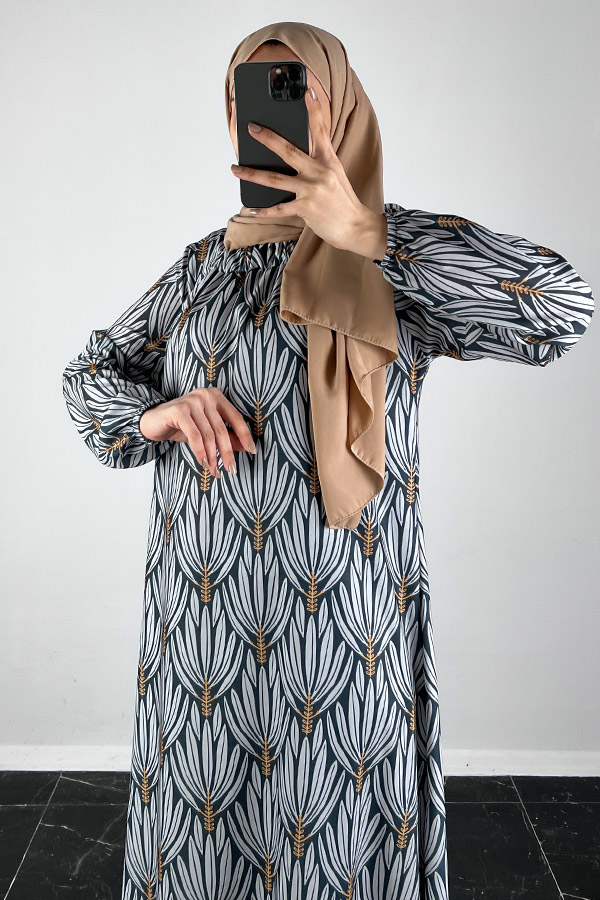 Hindiba Desenli Ferace Elbise - Füme