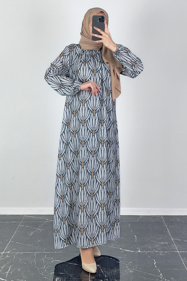 Hindiba Desenli Ferace Elbise - Füme