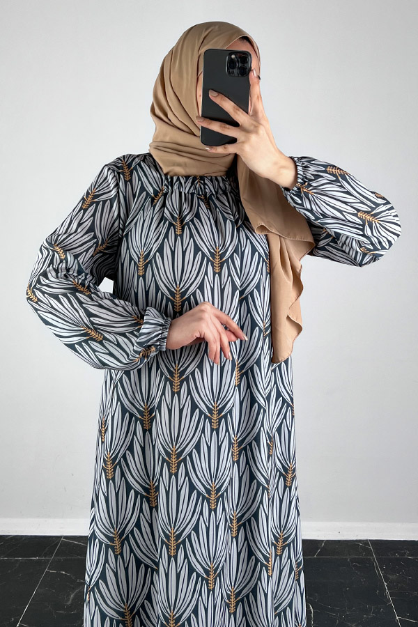 Hindiba Desenli Ferace Elbise - Füme