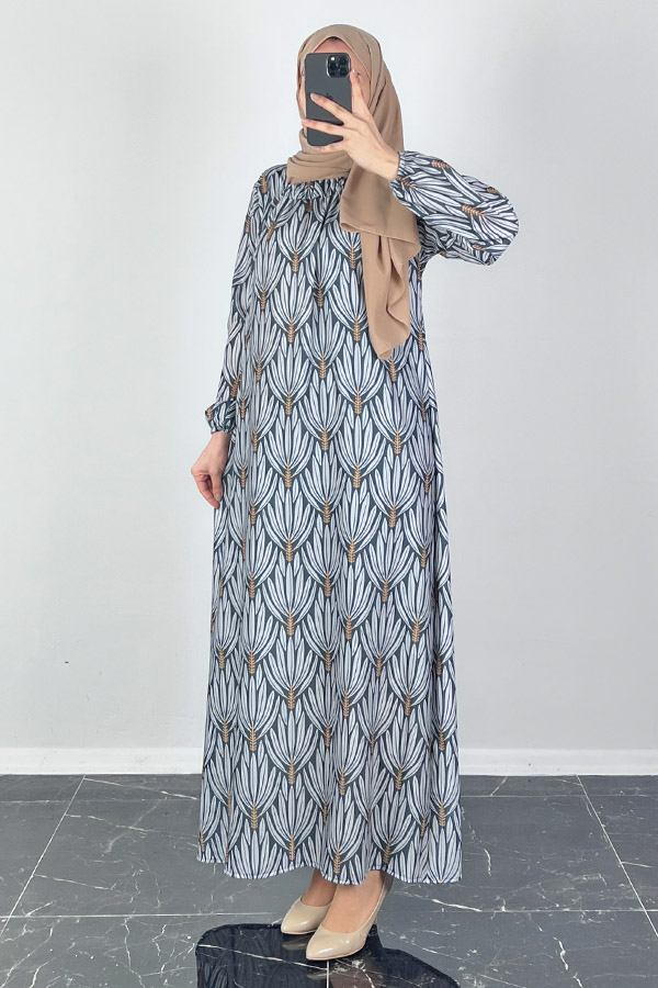 Hindiba Desenli Ferace Elbise - Füme