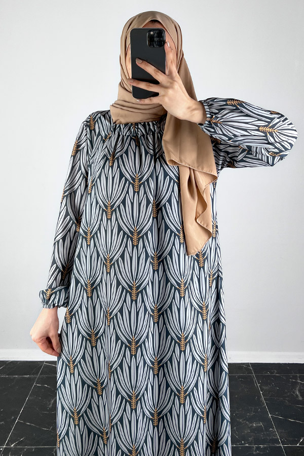 Hindiba Desenli Ferace Elbise - Füme