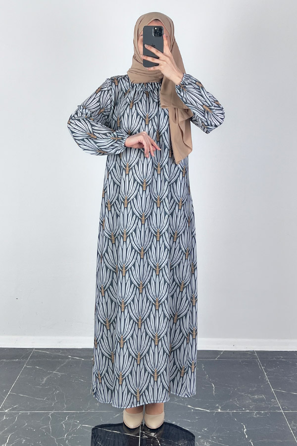 Hindiba Desenli Ferace Elbise - Füme