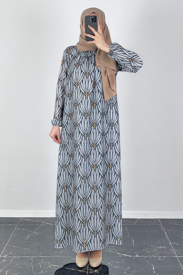 Hindiba Desenli Ferace Elbise - Füme