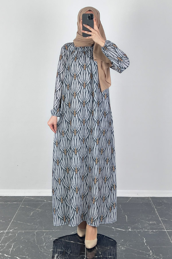 Hindiba Desenli Ferace Elbise - Füme