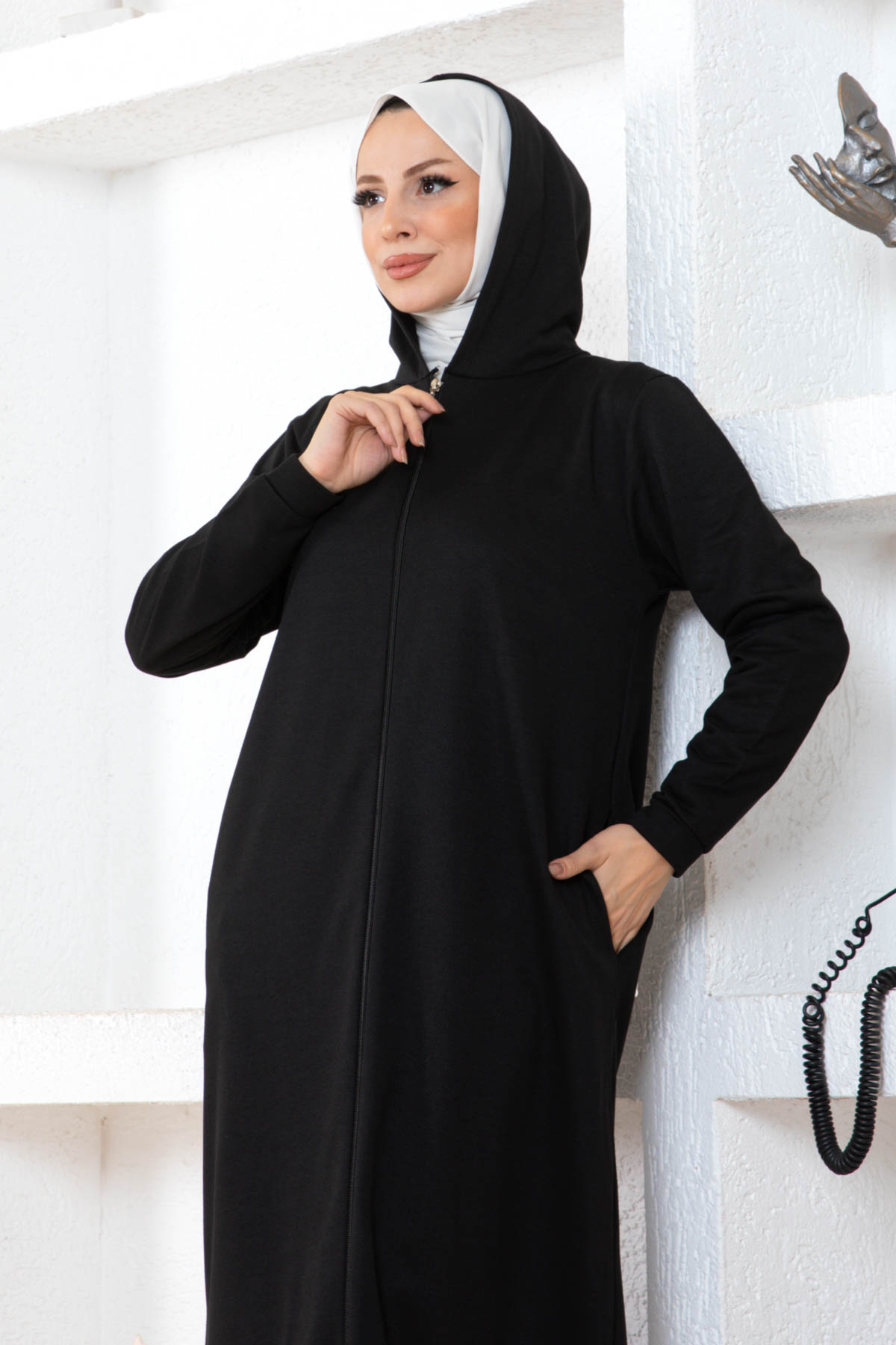 İki İp Fermuarlı Ferace - Siyah