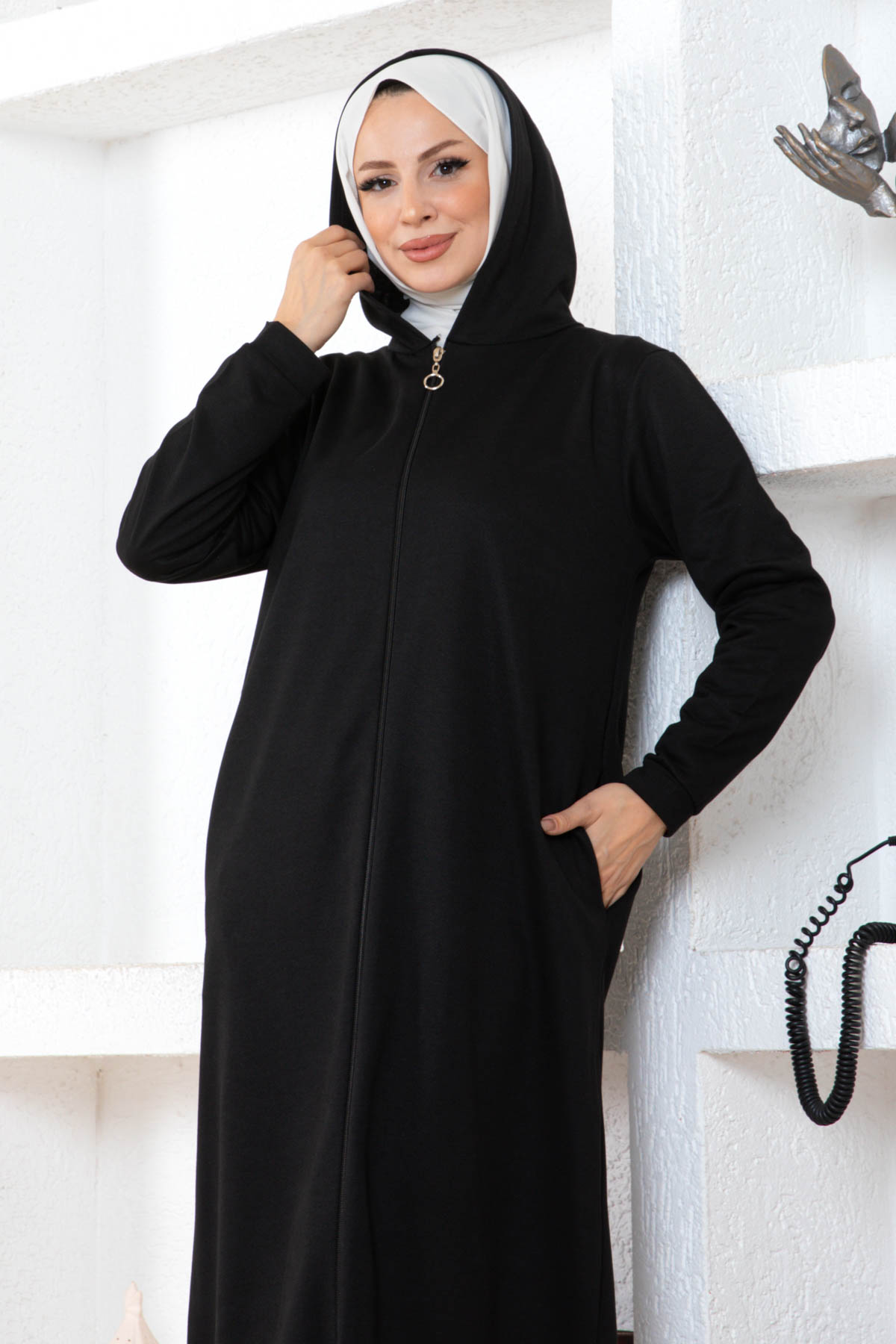 İki İp Fermuarlı Ferace - Siyah