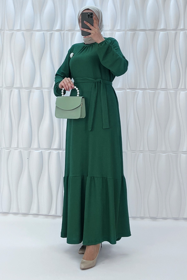 İnci Broşlu Elbise - Zümrüt Yeşili