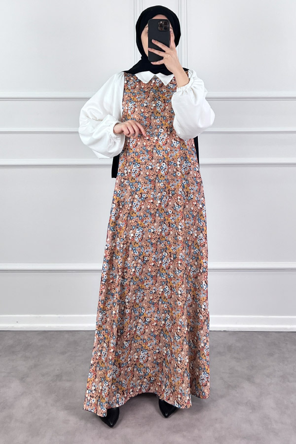 Jile Detaylı Çiçekli Krep Elbise - Kahverengi