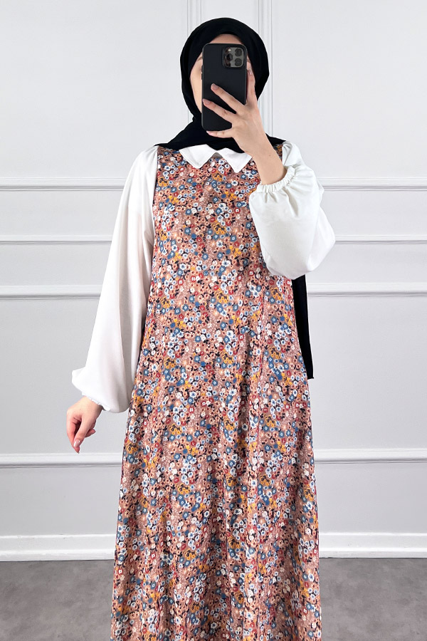 Jile Detaylı Çiçekli Krep Elbise - Kahverengi