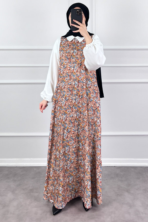 Jile Detaylı Çiçekli Krep Elbise - Kahverengi