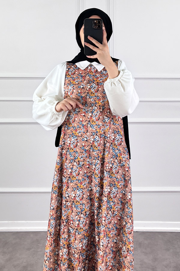 Jile Detaylı Çiçekli Krep Elbise - Kahverengi