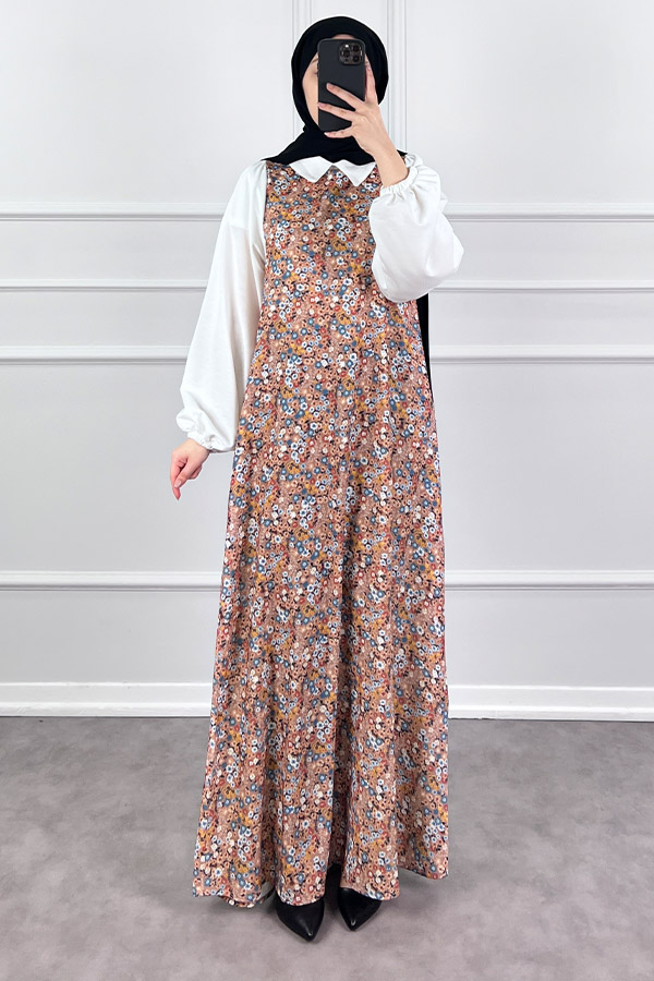 Jile Detaylı Çiçekli Krep Elbise - Kahverengi