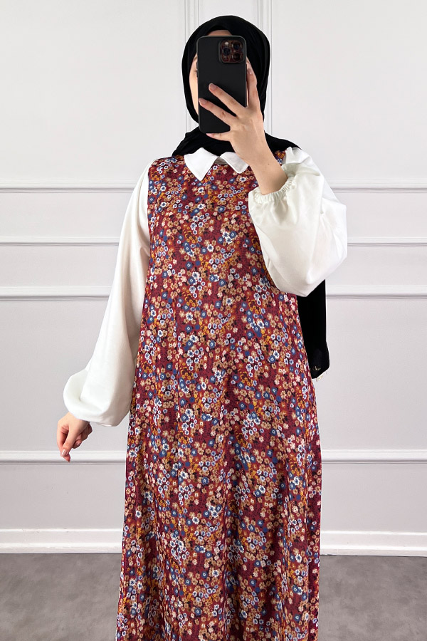 Jile Detaylı Çiçekli Krep Elbise - Kırmızı