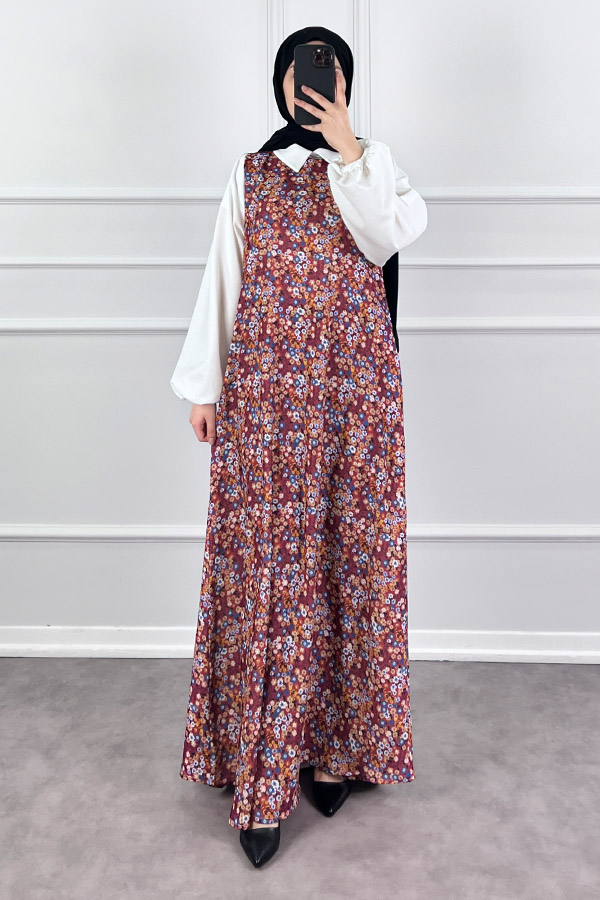 Jile Detaylı Çiçekli Krep Elbise - Kırmızı