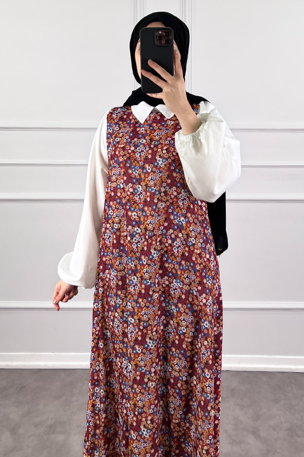 Jile Detaylı Çiçekli Krep Elbise - Kırmızı