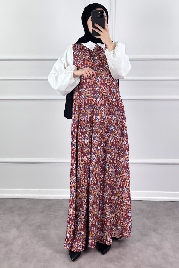 Jile Detaylı Çiçekli Krep Elbise - Kırmızı