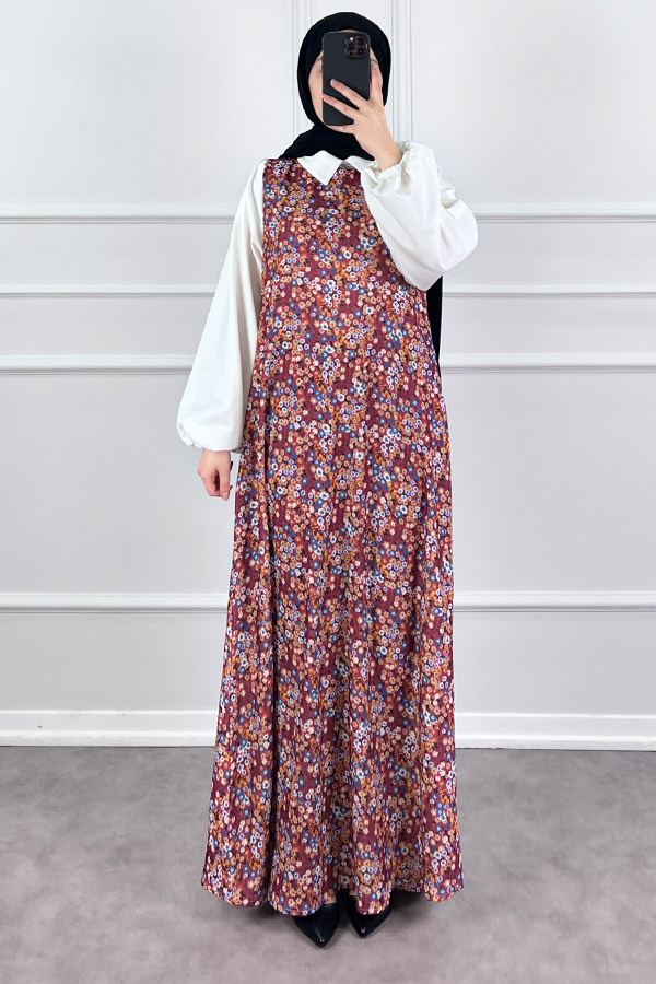 Jile Detaylı Çiçekli Krep Elbise - Kırmızı