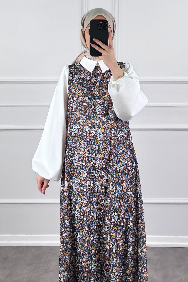 Jile Detaylı Çiçekli Krep Elbise - Siyah