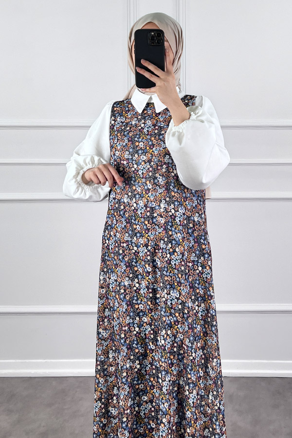 Jile Detaylı Çiçekli Krep Elbise - Siyah