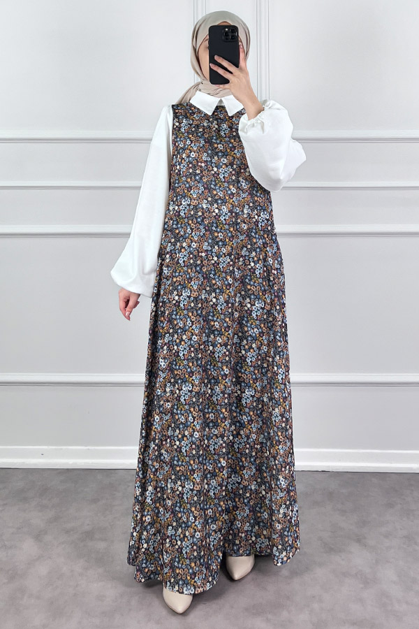 Jile Detaylı Çiçekli Krep Elbise - Siyah