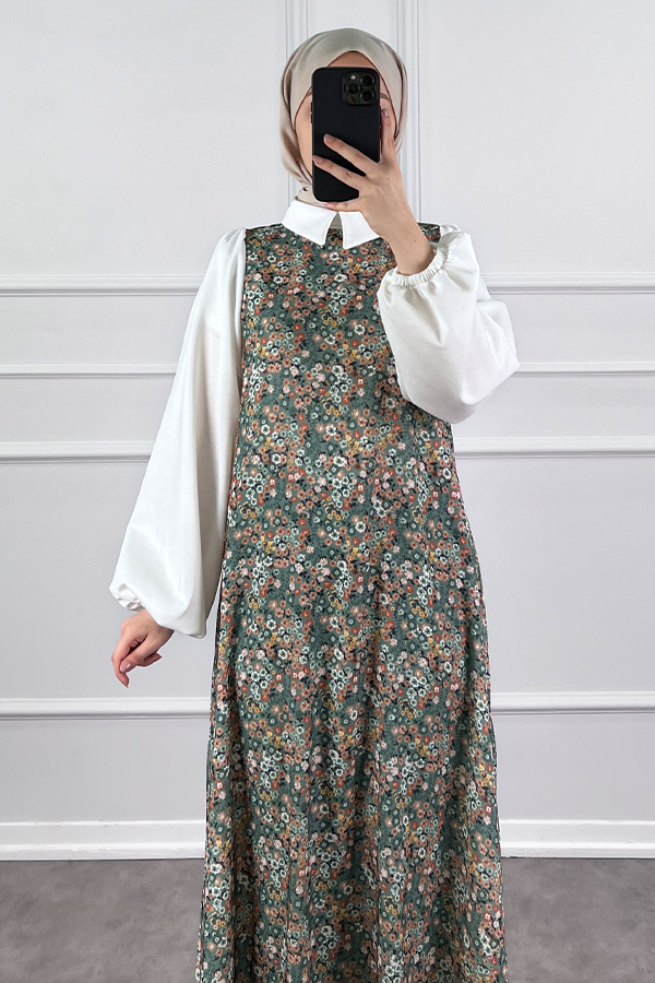Jile Detaylı Çiçekli Krep Elbise - Yeşil Jile Detaylı Çiçekli Krep Elbise - Yeşil