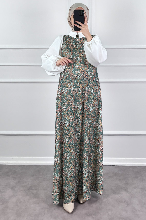 Jile Detaylı Çiçekli Krep Elbise - Yeşil Jile Detaylı Çiçekli Krep Elbise - Yeşil