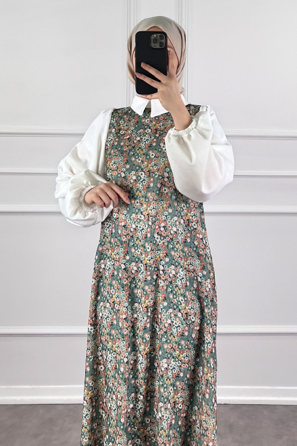 Jile Detaylı Çiçekli Krep Elbise - Yeşil Jile Detaylı Çiçekli Krep Elbise - Yeşil