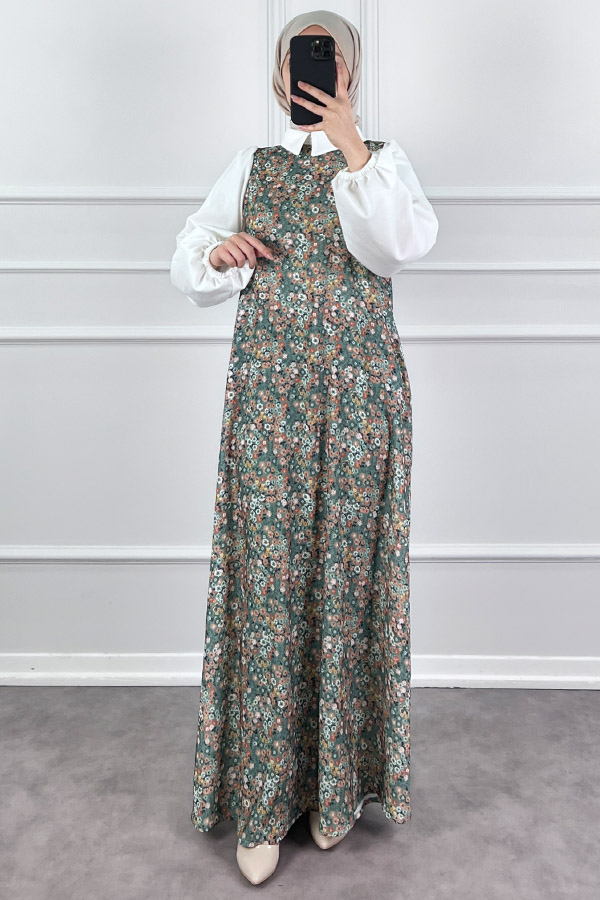 Jile Detaylı Çiçekli Krep Elbise - Yeşil Jile Detaylı Çiçekli Krep Elbise - Yeşil