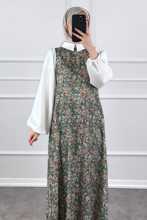 Jile Detaylı Çiçekli Krep Elbise - Yeşil Jile Detaylı Çiçekli Krep Elbise - Yeşil