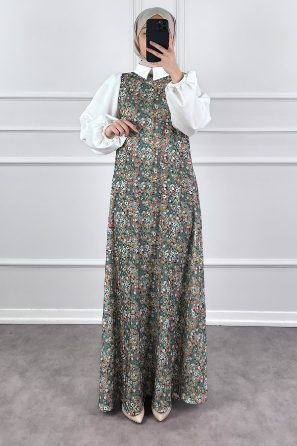 Jile Detaylı Çiçekli Krep Elbise - Yeşil Jile Detaylı Çiçekli Krep Elbise - Yeşil