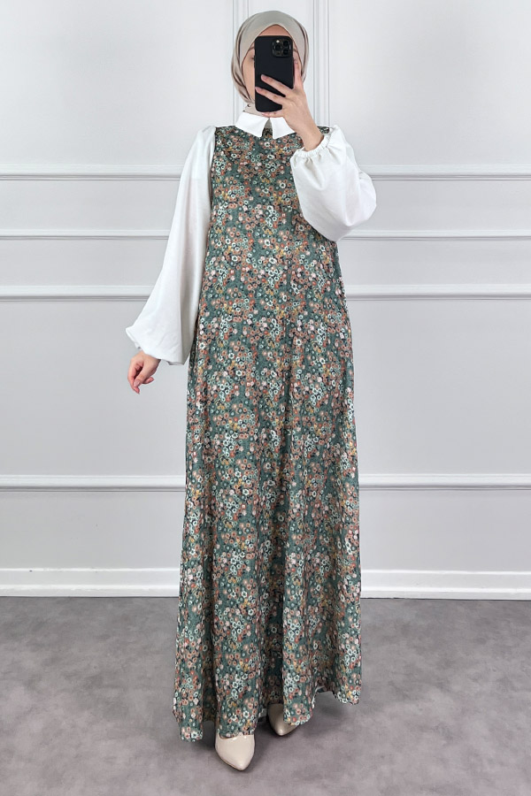 Jile Detaylı Çiçekli Krep Elbise - Yeşil Jile Detaylı Çiçekli Krep Elbise - Yeşil