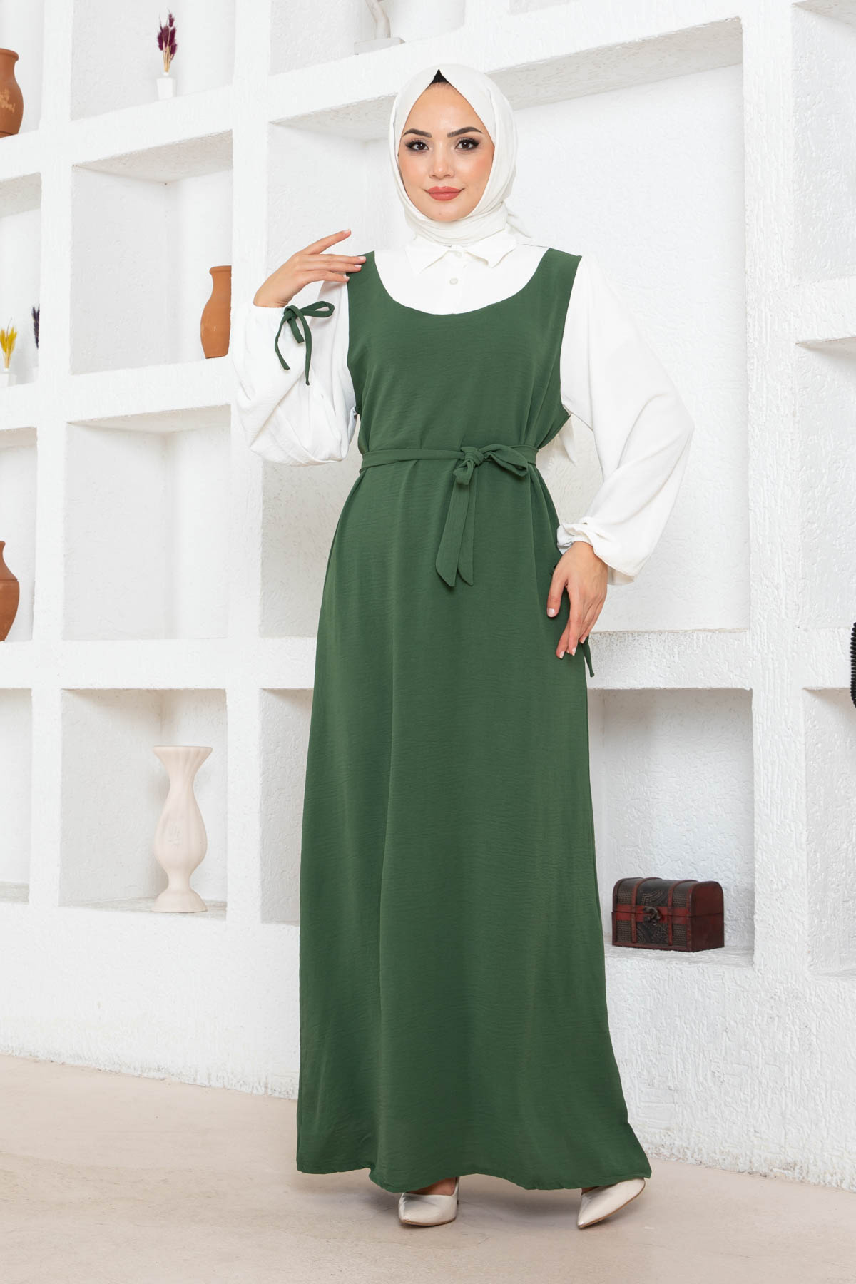 Jile Detaylı Elbise - Haki
