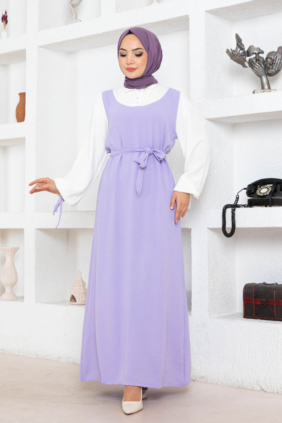 Jile Detaylı Elbise - Lila