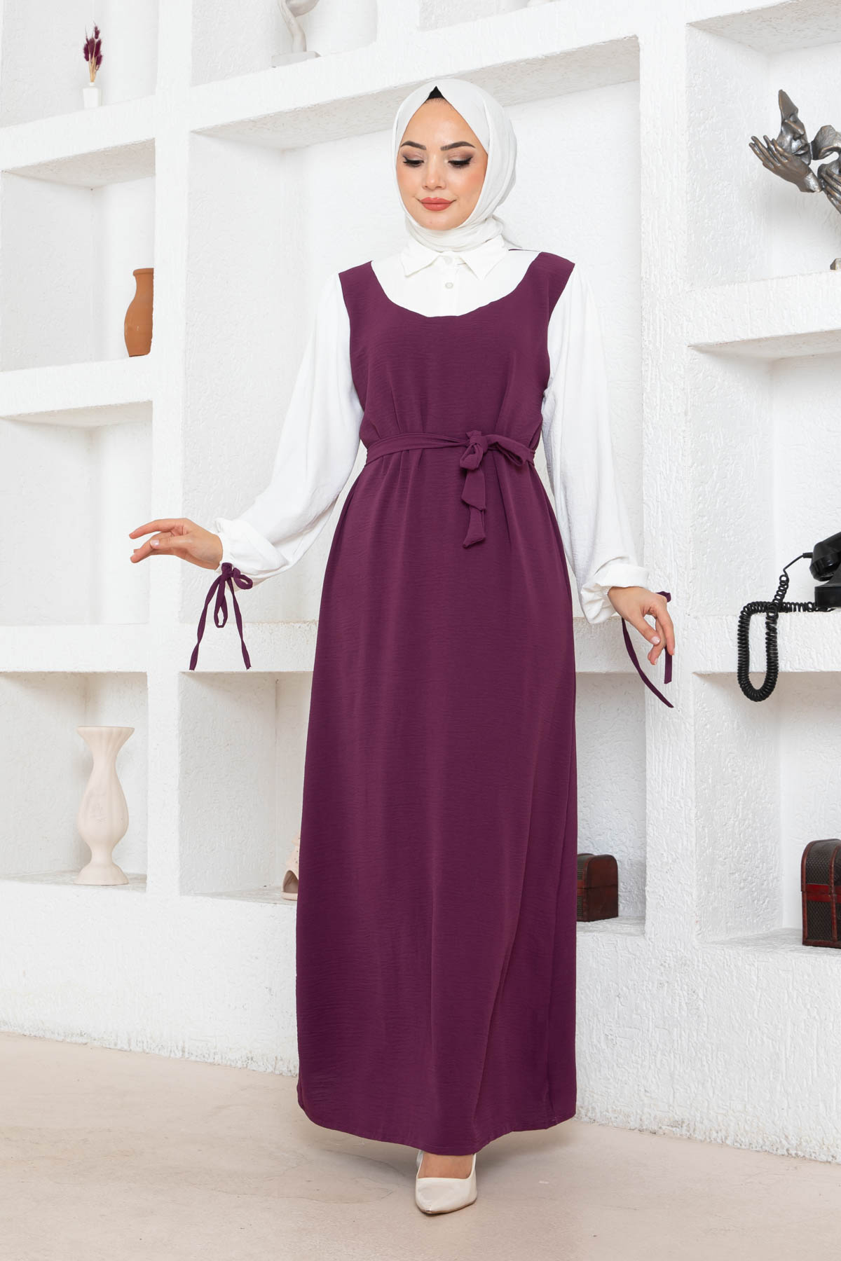 Jile Detaylı Elbise - Mürdüm