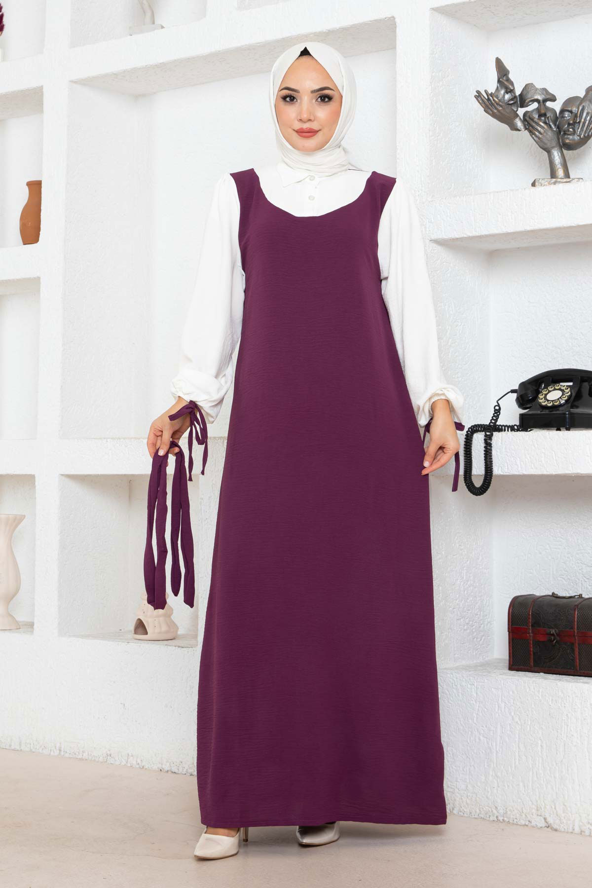 Jile Detaylı Elbise - Mürdüm