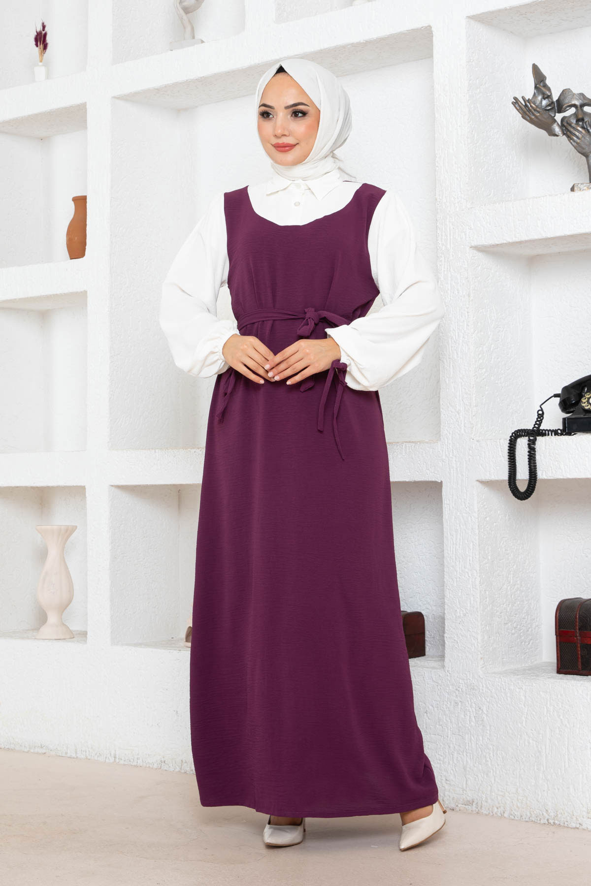 Jile Detaylı Elbise - Mürdüm
