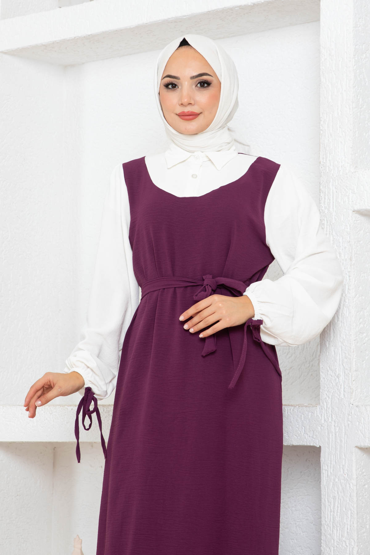Jile Detaylı Elbise - Mürdüm
